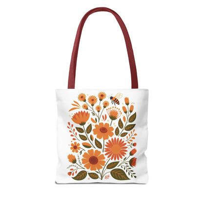 Folk Floral Tote Bag showcasing hand-drawn wildflowers in warm hues on a white backdrop. Ideal for daily use, this vibrant design embodies FireBrook Essentials' commitment to stylish, joyful living.