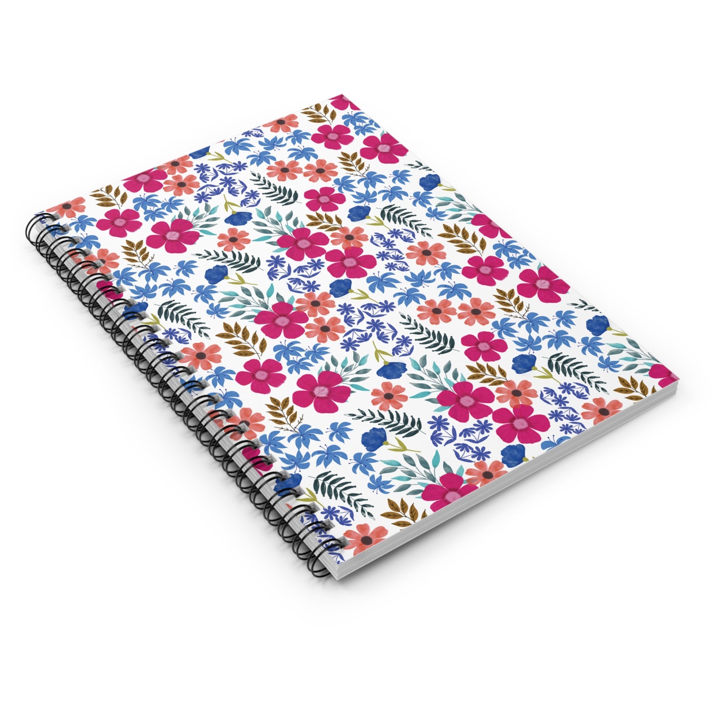 Floral Spiral Notebook with vibrant hand-painted flowers and foliage on the cover, featuring a sturdy metal spiral binding, ideal for creative note-taking and organization.