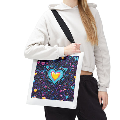 Heart Pixelated Nostalgic Cyber-Aesthetic Tote Bag held by a woman, showcasing pixelated hearts and butterflies, embodying a unique Y2K-inspired design.