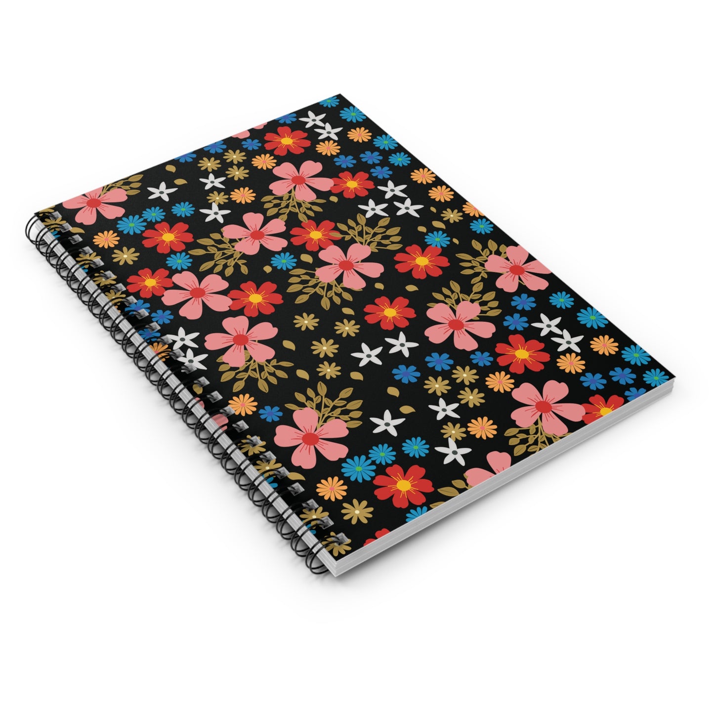 Floral Spiral Notebook with vibrant stylized flowers and sleek black metal binding, perfect for creative note-taking and organization. Ideal for students, professionals, and anyone expressing thoughts on paper.