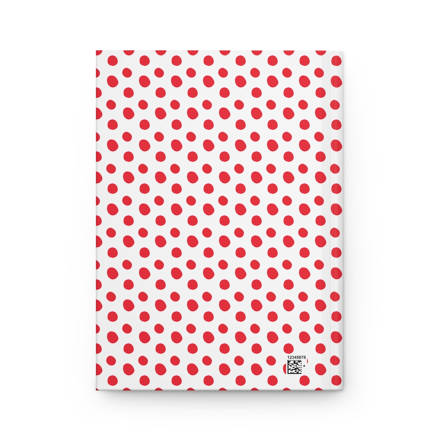 HARDCOVER JOURNAL, MATTE, RULED, 5X7, SEWN BIND, CLEAN-TEAR PAGES – CLASSIC DOT, RED; features a white cover with red polka-dots and a small barcode, offering a cheerful, uplifting design.