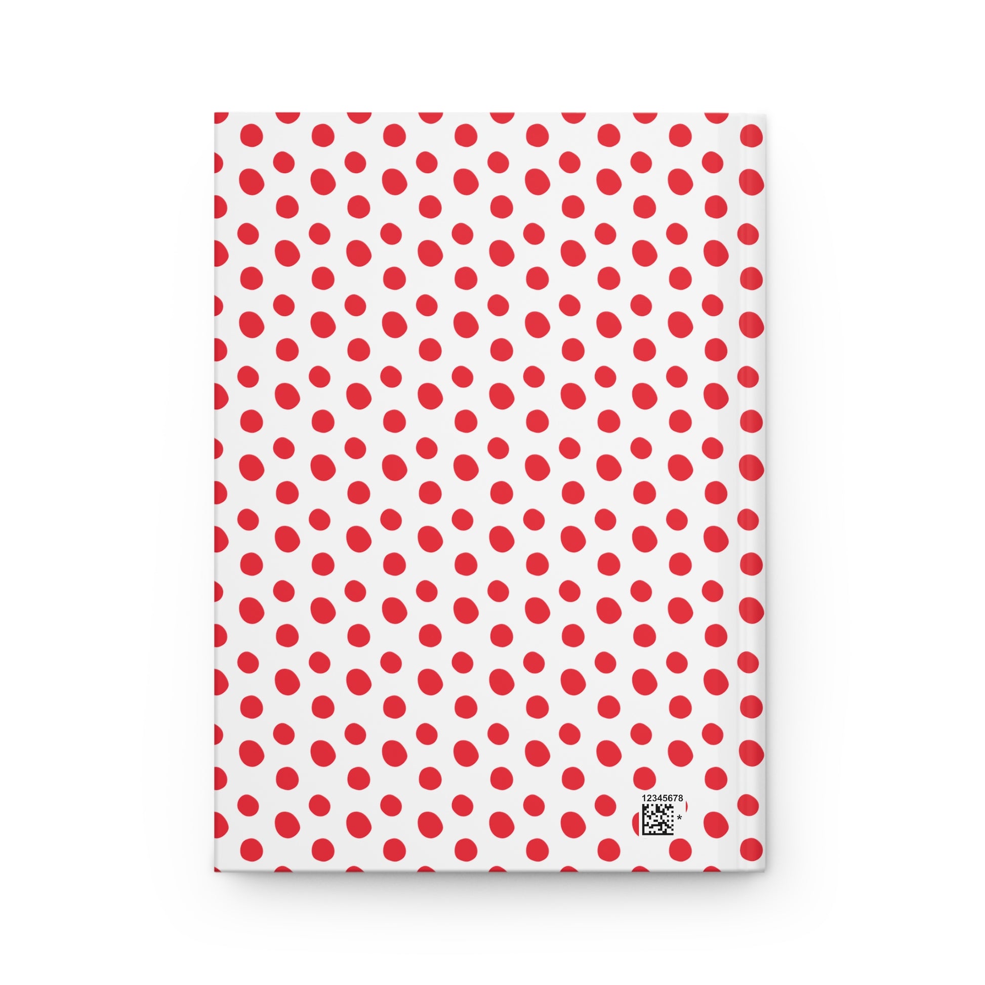 HARDCOVER JOURNAL, MATTE, RULED, 5X7, SEWN BIND, CLEAN-TEAR PAGES – CLASSIC DOT, RED; features a white cover with red polka-dots and a small barcode, offering a cheerful, uplifting design.