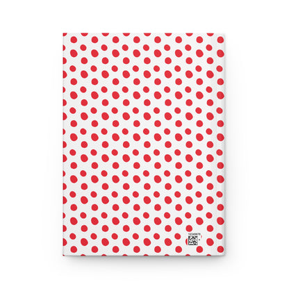 HARDCOVER JOURNAL, MATTE, RULED, 5X7, SEWN BIND, CLEAN-TEAR PAGES – CLASSIC DOT, RED; features a white cover with red polka-dots and a small barcode, offering a cheerful, uplifting design.