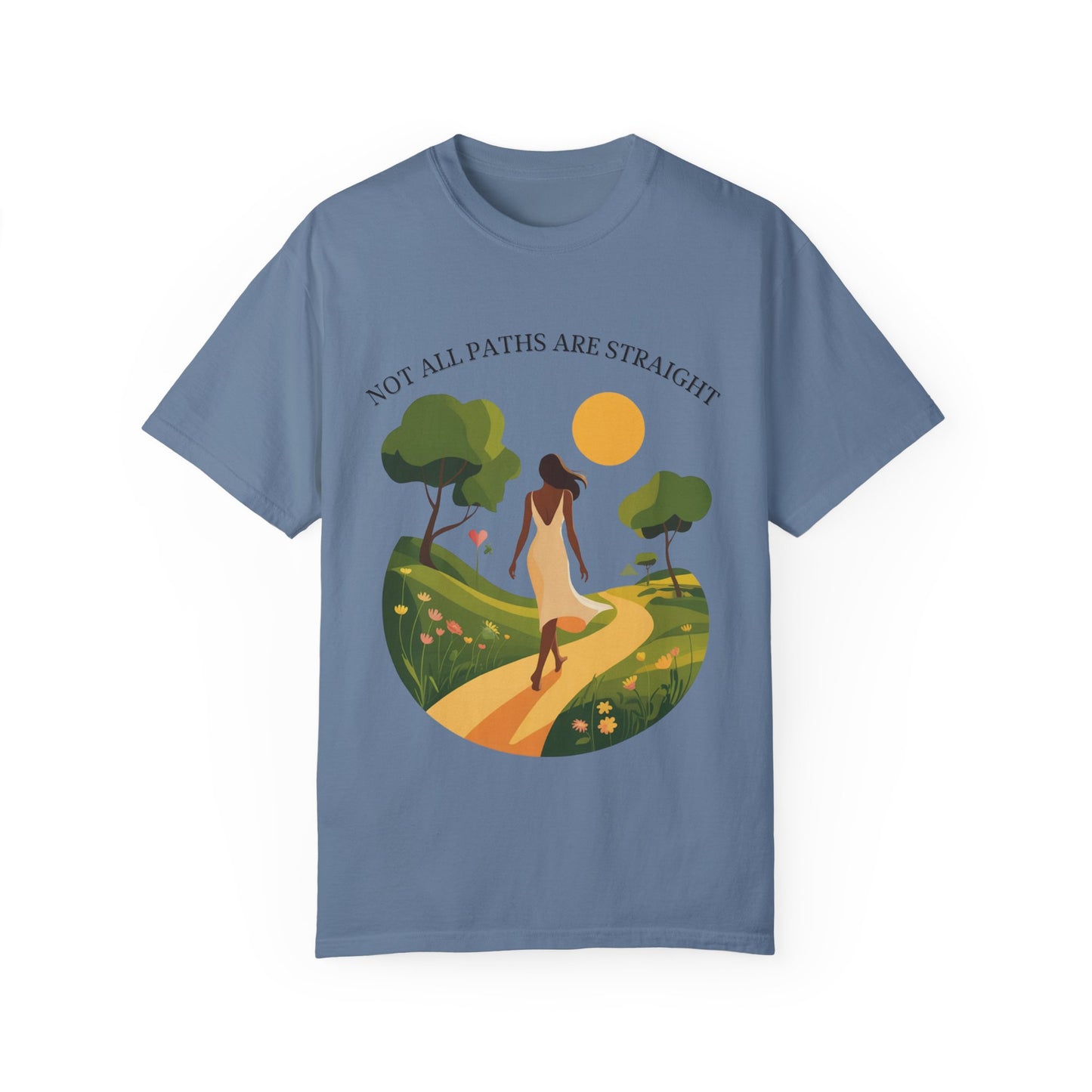 Inspirational Message T-Shirt featuring a woman walking on a path, symbolizing motivation. Designed for comfort and style, perfect for casual outings or daily wear.