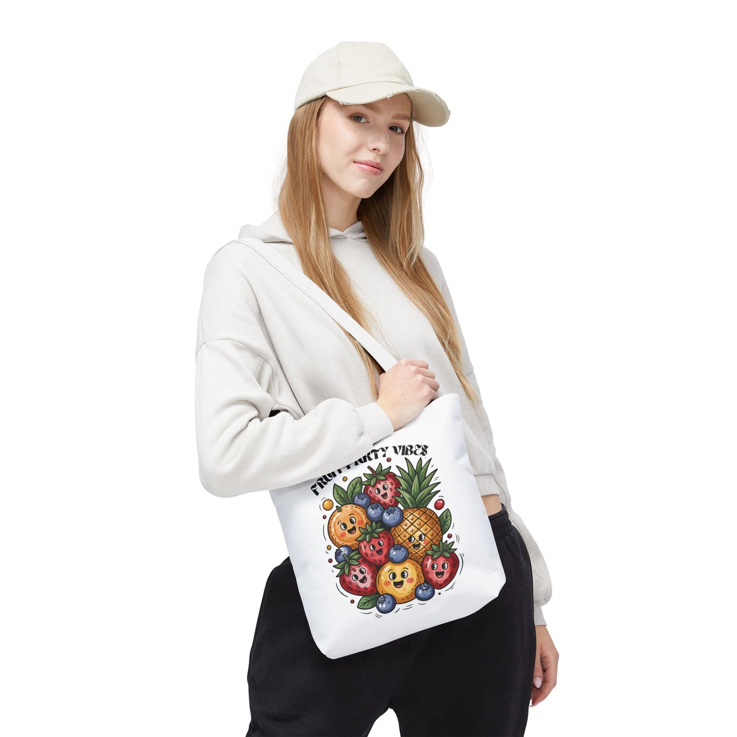 Fruit Party Tote Bag - Fun Summer Vibes: A vibrant tote bag designed for joyful everyday use, featuring durable polyester, reinforced handles, and spacious boxed corners, ideal for errands or beach outings.