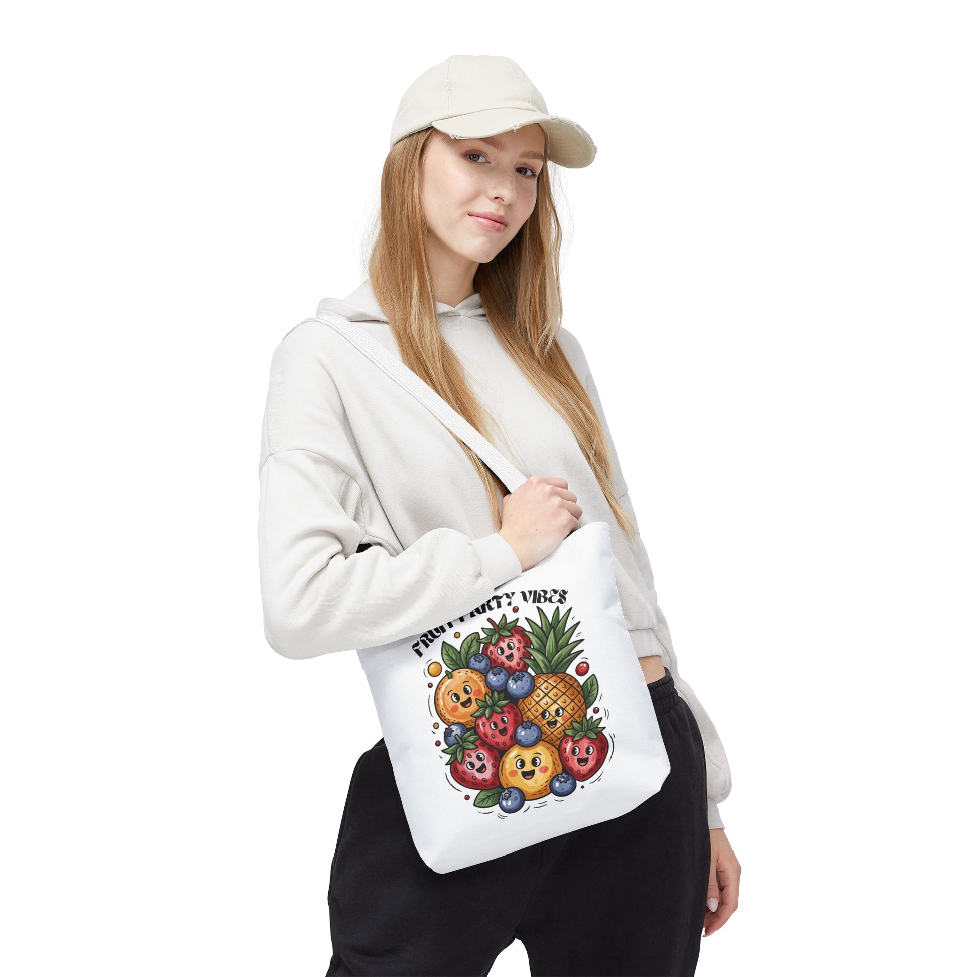 Fruit Party Tote Bag - Fun Summer Vibes: A vibrant tote bag designed for joyful everyday use, featuring durable polyester, reinforced handles, and spacious boxed corners, ideal for errands or beach outings.