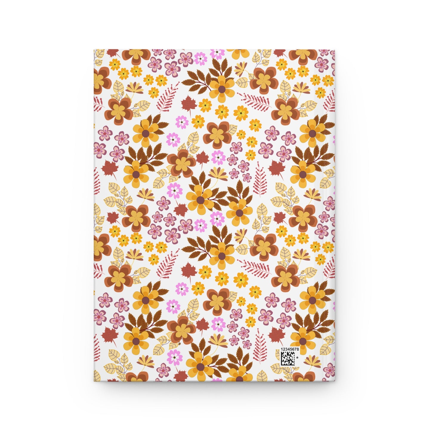 HARDCOVER JOURNAL, MATTE, RULED, 5X7, SEWN BIND, CLEAN-TEAR PAGES – RETRO BLOOM features a matte laminated cover adorned with a vibrant, autumnal floral pattern, complete with a small QR code in the corner.