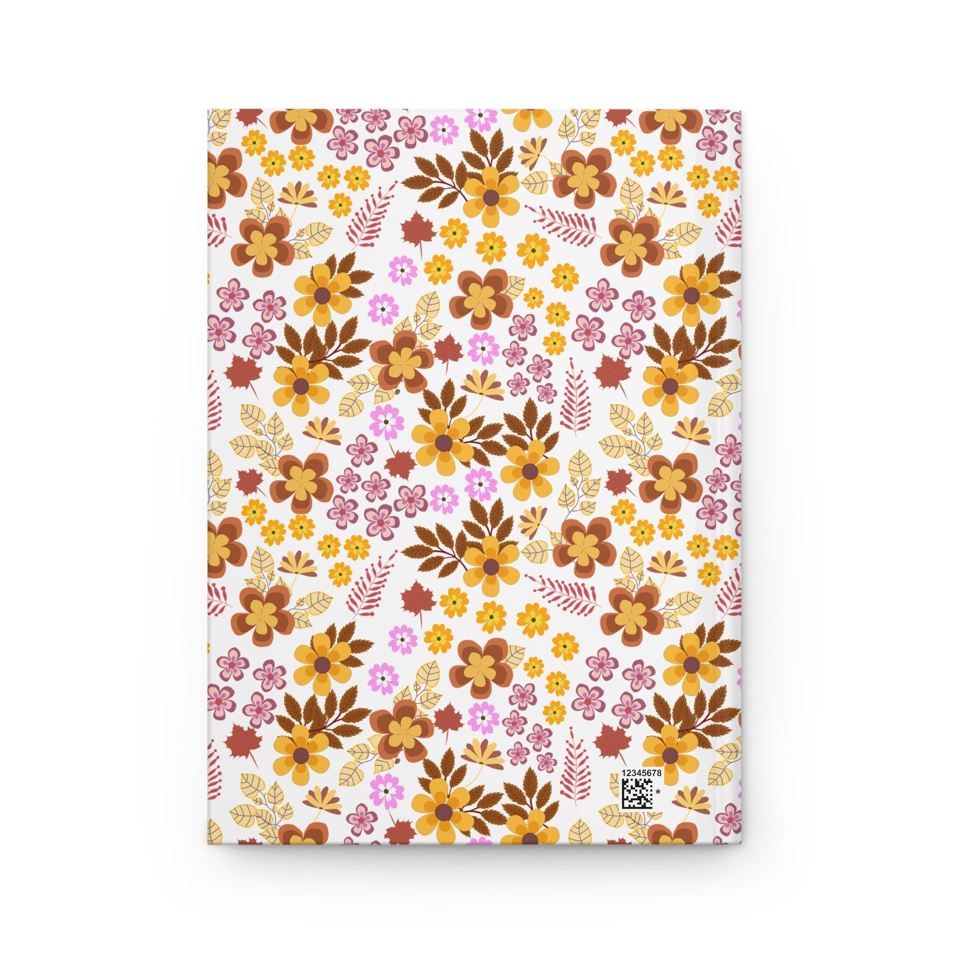 HARDCOVER JOURNAL, MATTE, RULED, 5X7, SEWN BIND, CLEAN-TEAR PAGES – RETRO BLOOM features a matte laminated cover adorned with a vibrant, autumnal floral pattern, complete with a small QR code in the corner.