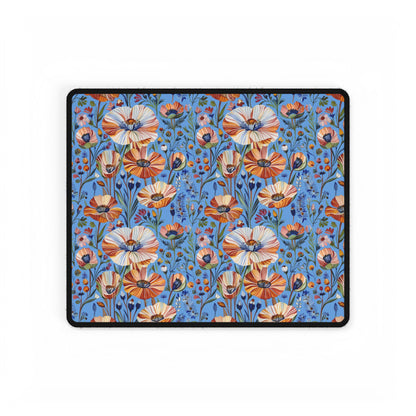 Desk Mats - Spring Wildflowers Poppy Cornflower Iris Design features a vibrant wildflower pattern with orange, cream, and pink blooms on a blue background, bordered in black, ideal for enhancing any workspace.