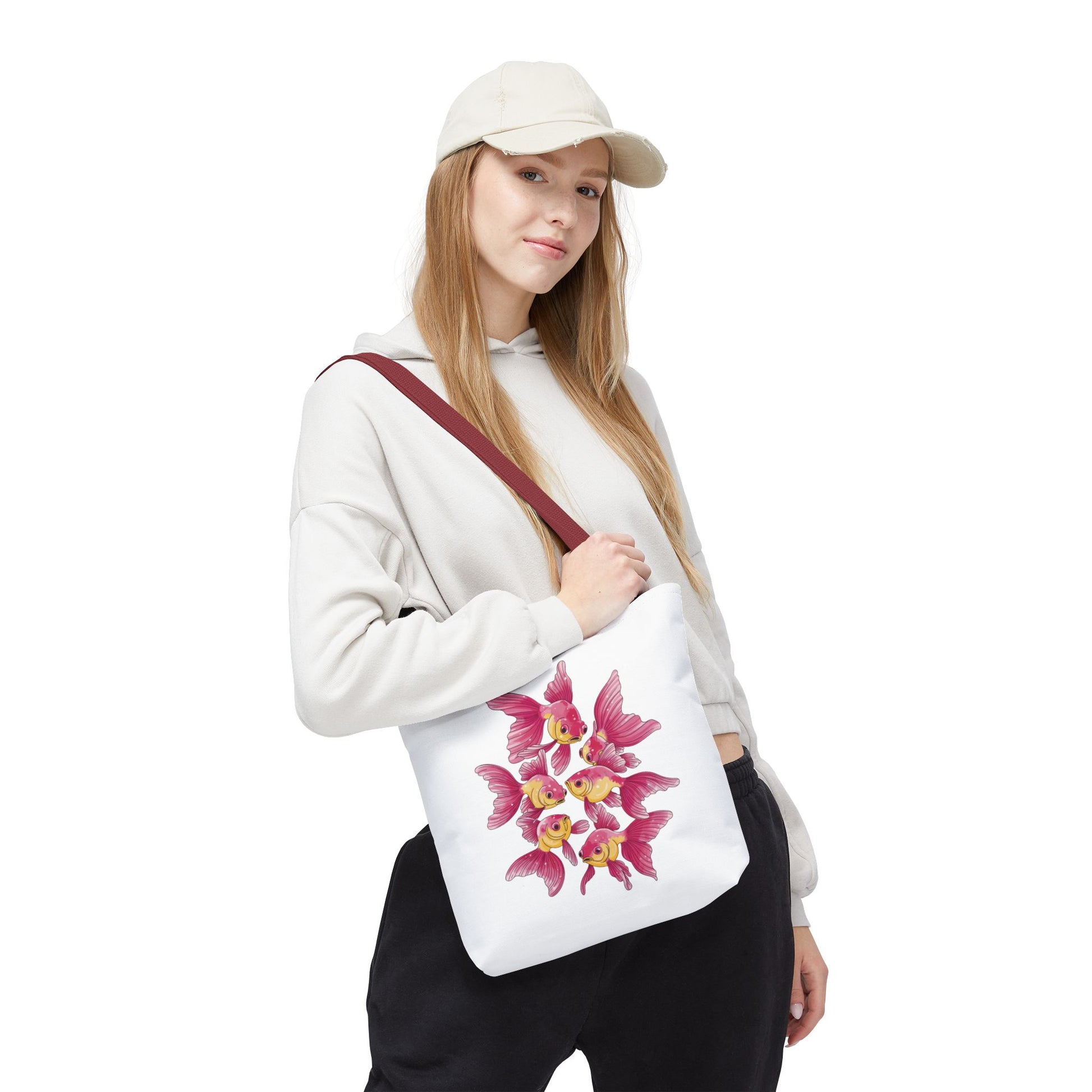 Fish Tote Bag - School of Fish Design: A sturdy polyester tote featuring a tranquil school of fish pattern, ideal for marine enthusiasts. Perfect for carrying essentials with reinforced handles and boxed corners.