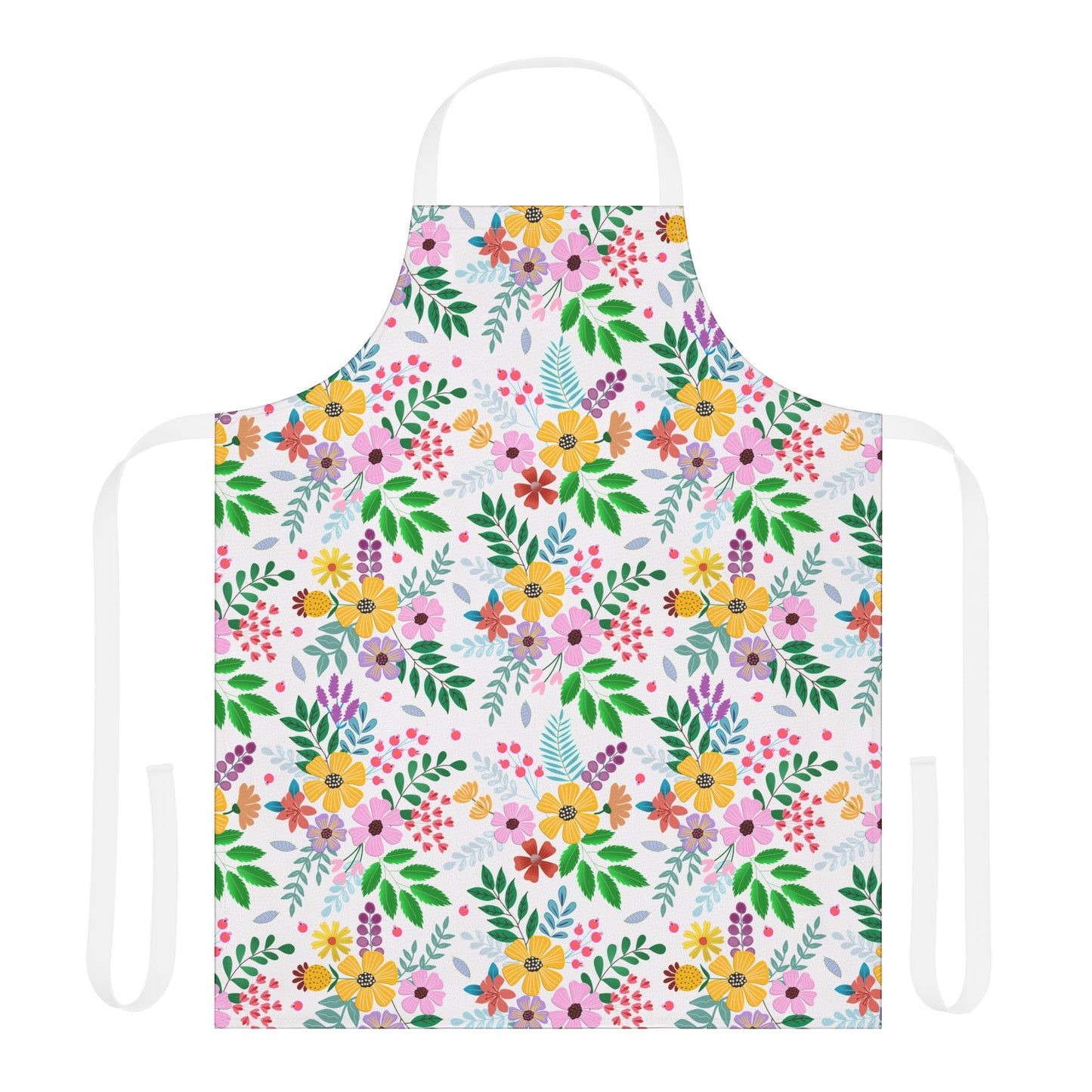 Floral Apron featuring vibrant, all-over floral print with clusters of flowers and leaves on white polyester canvas. Includes white waist ties and neck strap, designed for comfort and style.