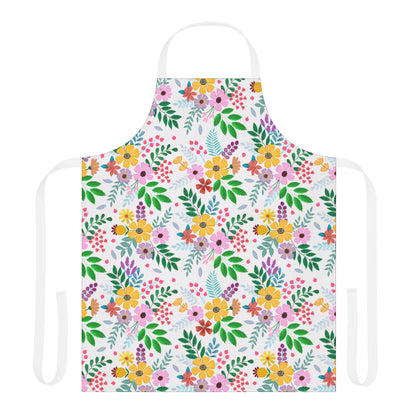 Floral Apron featuring vibrant, all-over floral print with clusters of flowers and leaves on white polyester canvas. Includes white waist ties and neck strap, designed for comfort and style.