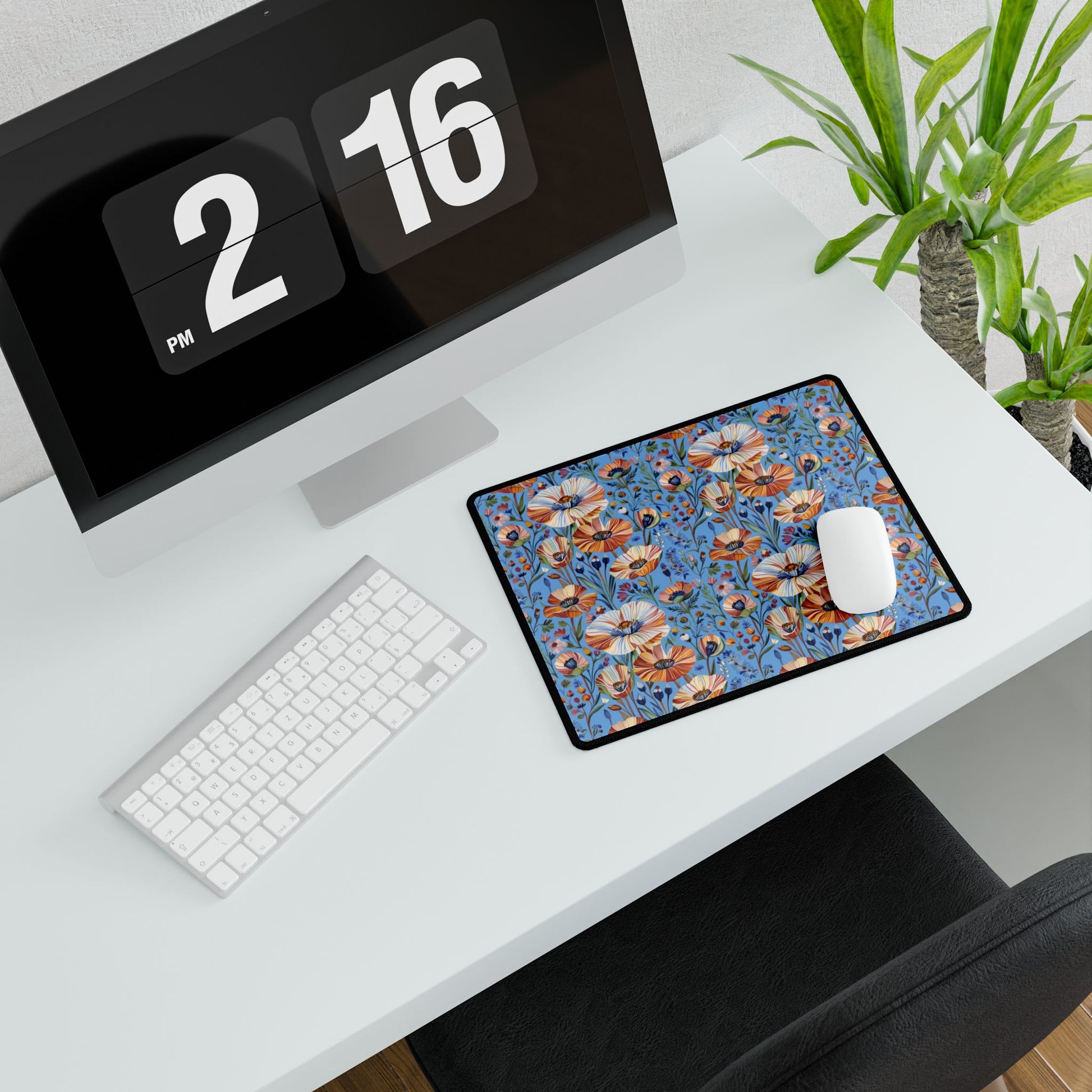 Desk Mats - Spring Wildflowers Poppy Cornflower Iris Design: A vibrant blue floral mouse pad on a minimalist white desk setup, enhancing workspace with nature-inspired charm. Ideal for smooth mouse gliding and easy maintenance.