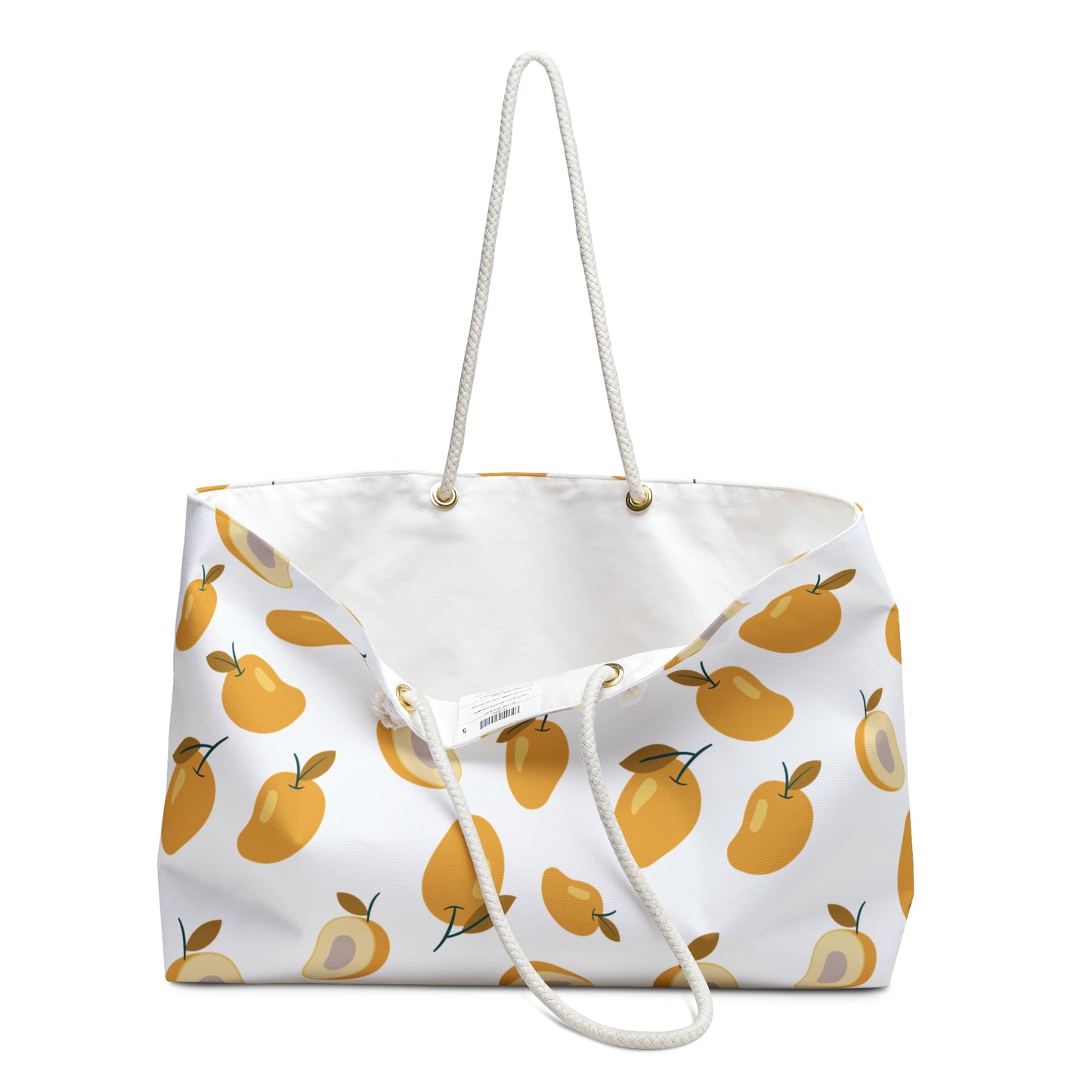 Mango Weekender Bag – Tropical Fruit Travel Tote with vibrant mango pattern, featuring sturdy rope handles and spacious T-bottom design, ideal for beach vacations or casual outings, embodying FireBrook Essentials' uplifting style.