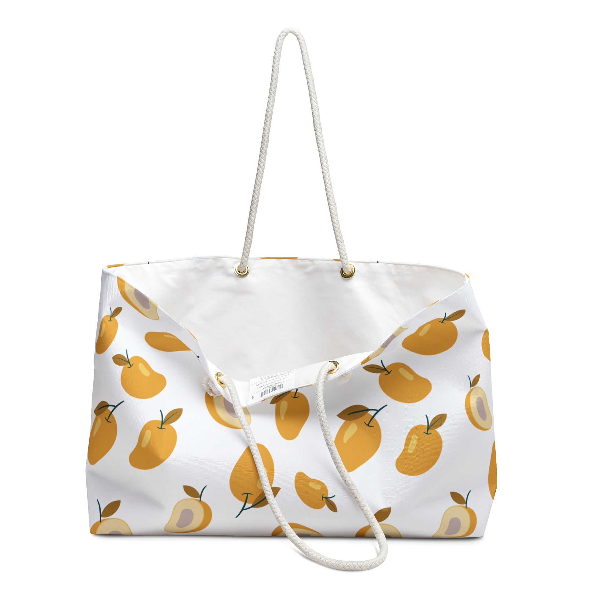 Mango Weekender Bag – Tropical Fruit Travel Tote with vibrant mango pattern, featuring sturdy rope handles and spacious T-bottom design, ideal for beach vacations or casual outings, embodying FireBrook Essentials' uplifting style.
