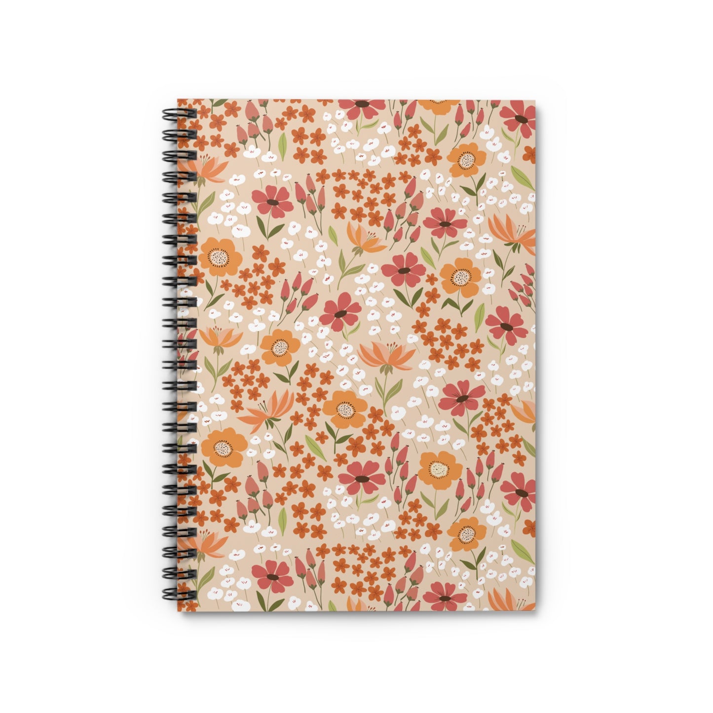Floral Spiral Notebook with vibrant orange, rust-red, and white blossoms on a beige cover, featuring a sleek metal spiral binding, ideal for creative and organized note-taking from FireBrook Designs.