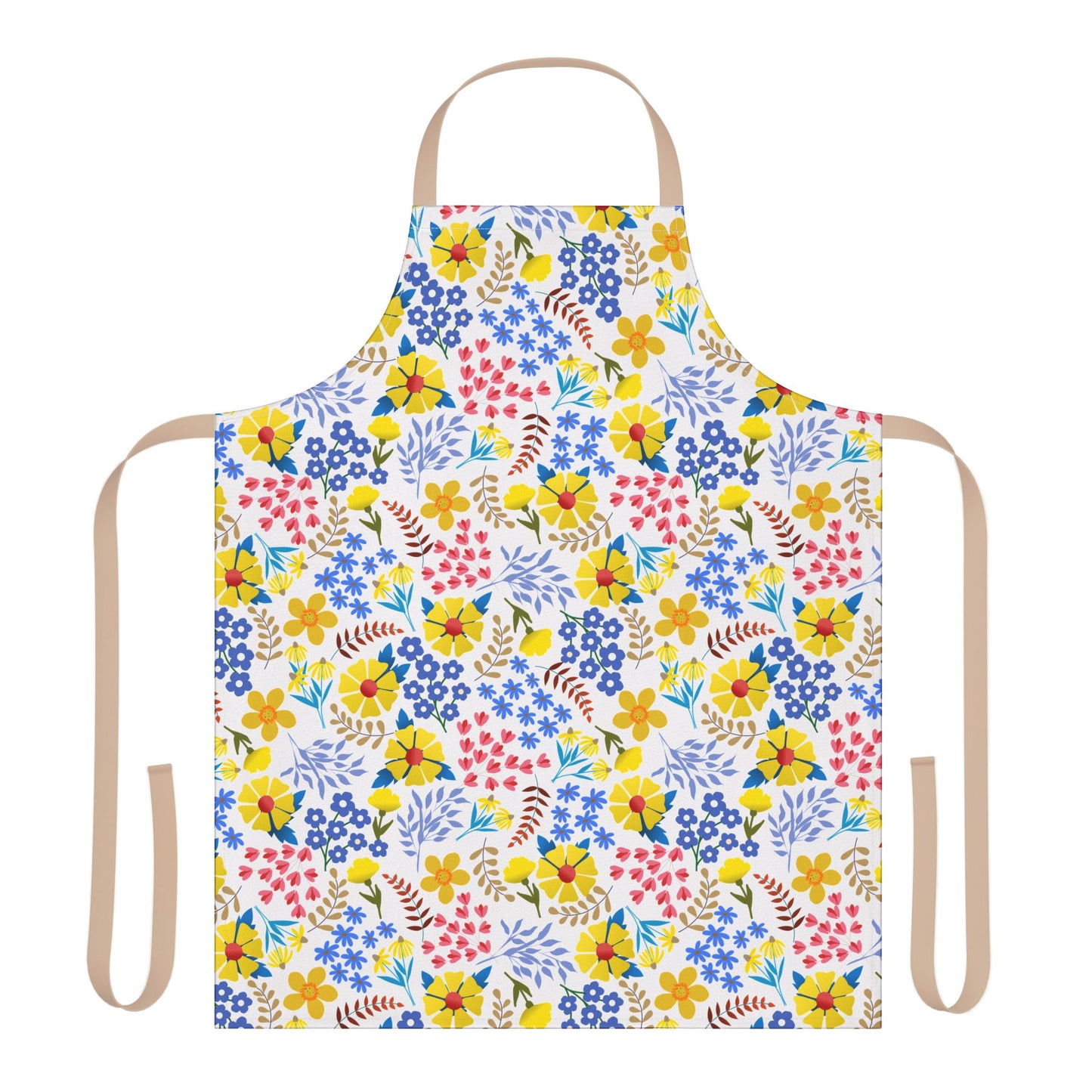 Apron Floral Design features a vibrant floral print with yellow, blue, and pink flowers, complemented by tan ties. Made from soft, stain-free polyester canvas, perfect for cooking or crafting.