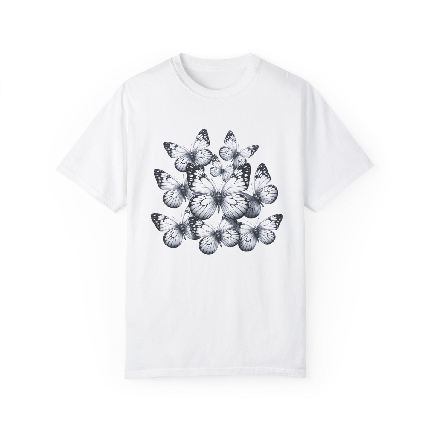 Butterfly Unisex Comfort Colors T-shirt featuring a whimsical butterfly design on a soft white fabric, embodying artistic and nature-inspired elegance, ideal for a stylish, comfortable look.