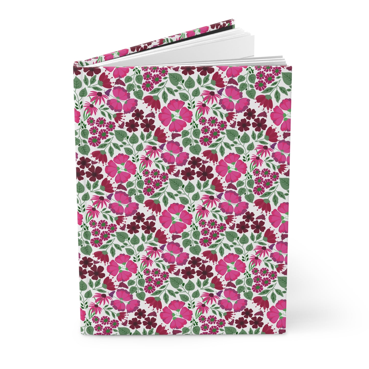 HARDCOVER JOURNAL, MATTE, RULED, 5X7, SEWN BIND, CLEAN-TEAR PAGES – ROSE GARDEN features a floral cover with pink and burgundy blossoms. The journal's open pages reveal its clean, blank lined sheets.