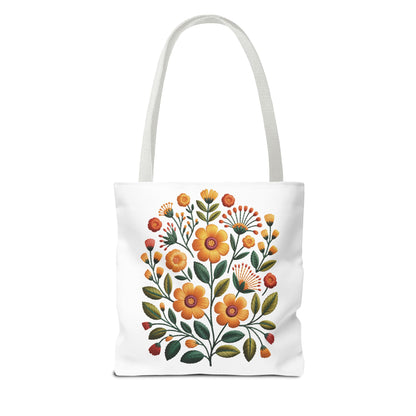 Folk Art Floral Faux Embroidery Style Tote Bag showcases a warm, earth-toned floral design in a bold vector style, embodying a relaxed, artistic vibe. Ideal for nature lovers and art enthusiasts.