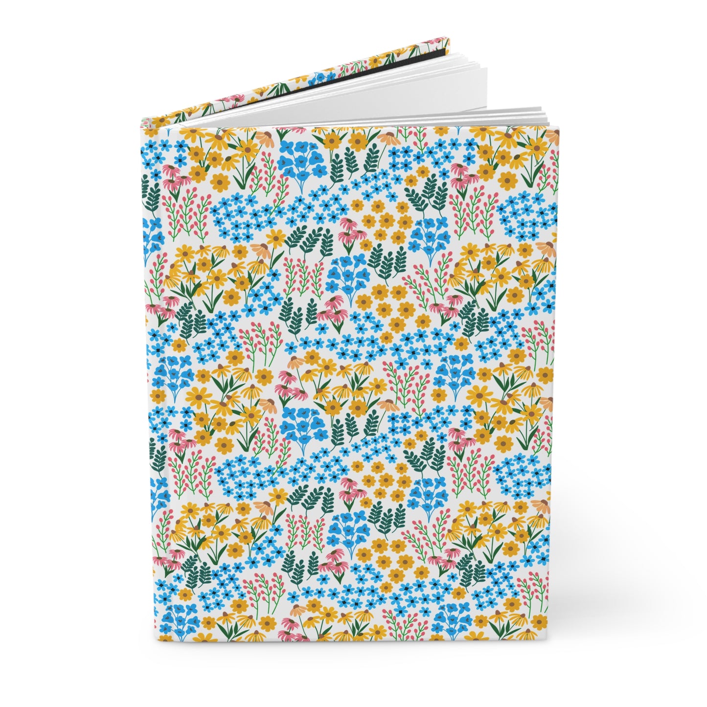 HARDCOVER JOURNAL, MATTE, RULED, 5X7, SEWN BIND, CLEAN-TEAR PAGES – WILDFLOWER MEADOW MIX features a ditsy-floral cover with blue, yellow, and pink blossoms, green sprigs, and blank lined pages inside.