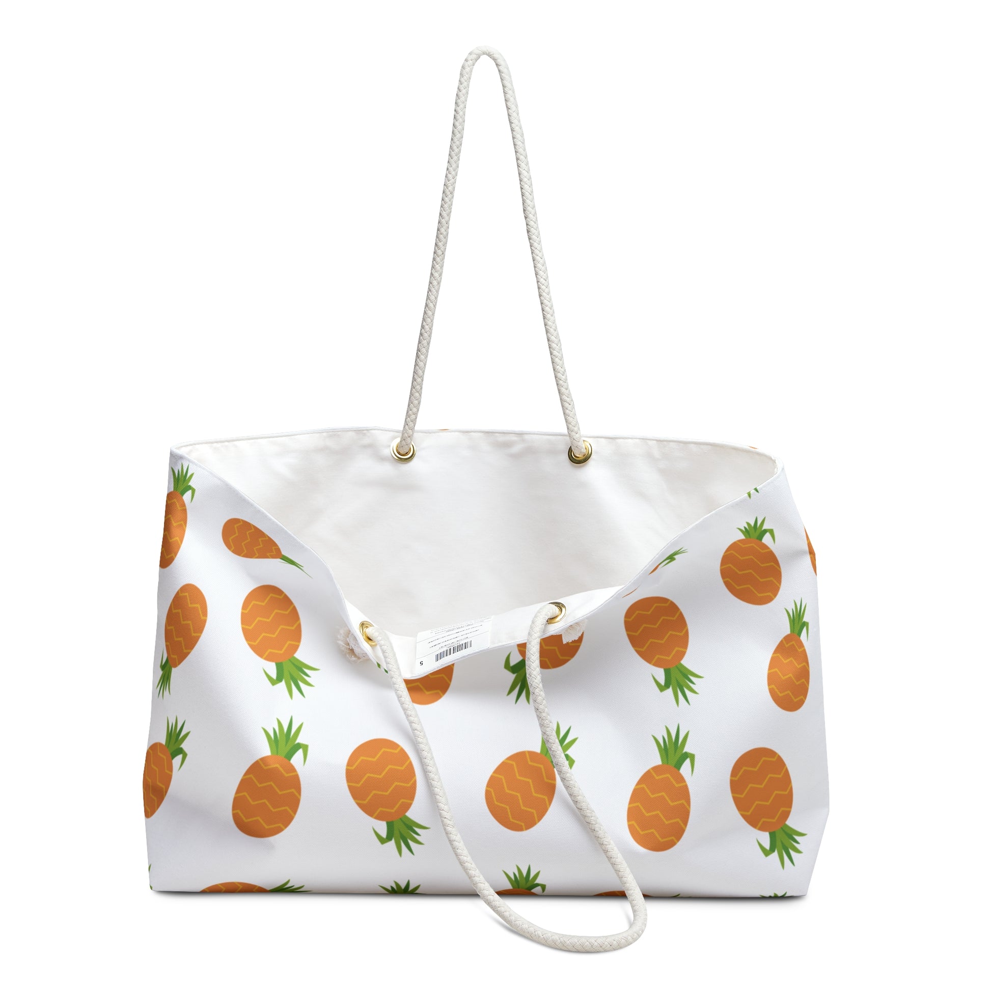 Weekender Bag - Pineapple Pattern: A stylish, durable bag with orange pineapple prints, cream rope handles, and a spacious interior, perfect for summer trips and embodying FireBrook Designs' joyful, uplifting style.