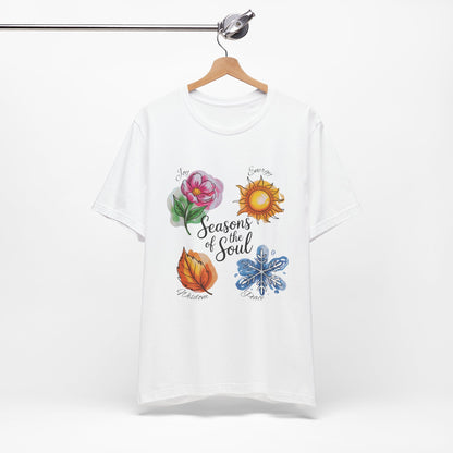 Seasons of the Soul: Joy, Energy, Wisdom & Peace T-Shirt, showcasing an uplifting design, perfect for yoga and meditation enthusiasts seeking balance and comfort. Ideal for casual and semi-formal wear.
