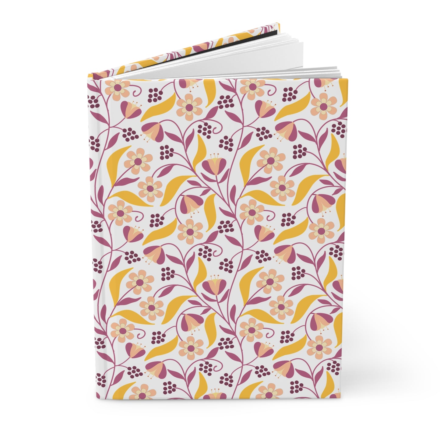 HARDCOVER JOURNAL, MATTE, RULED, 5X7, SEWN BIND, CLEAN-TEAR PAGES – FLORAL VINE: A journal with a floral pattern cover, featuring durable matte finish, sewn binding, and perforated lined pages for easy removal.