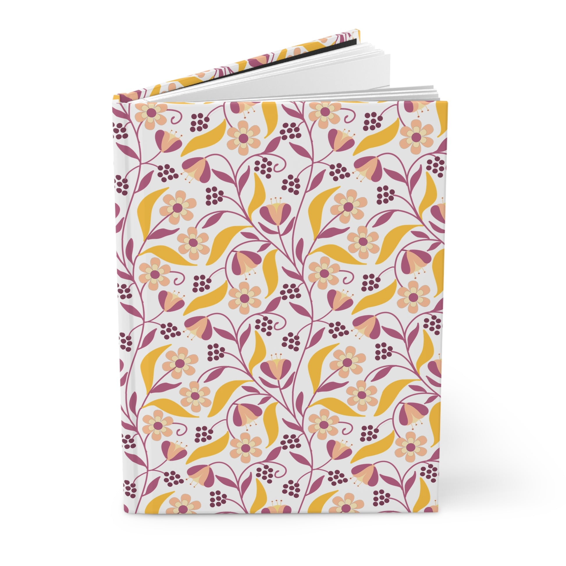 HARDCOVER JOURNAL, MATTE, RULED, 5X7, SEWN BIND, CLEAN-TEAR PAGES – FLORAL VINE: A journal with a floral pattern cover, featuring durable matte finish, sewn binding, and perforated lined pages for easy removal.