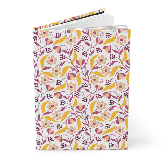 HARDCOVER JOURNAL, MATTE, RULED, 5X7, SEWN BIND, CLEAN-TEAR PAGES – FLORAL VINE: A journal with a floral pattern cover, featuring durable matte finish, sewn binding, and perforated lined pages for easy removal.