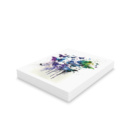 Butterfly Greeting Cards — Pack of 8/16/24 features a vibrant watercolor-style illustration of butterflies on the top card, symbolizing motion and freedom, ideal for uplifting, personal messages.