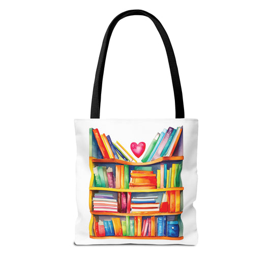 Books Tote Bag featuring a book-themed design, made of durable 100% Spun Polyester. Ideal for book enthusiasts, with reinforced handles and available in multiple sizes for versatile use.