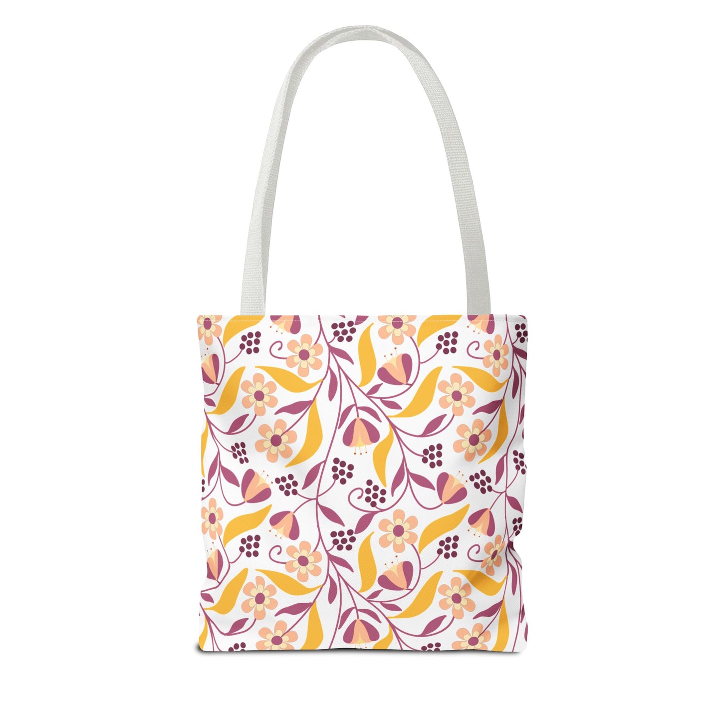 Floral Tote Bag featuring a vibrant stylized floral pattern with five-petal flowers and berries in warm tones. Ideal for joyful summer outings, embodying FireBrook Essentials' commitment to stylish, uplifting designs.