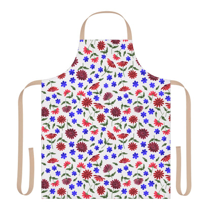 Floral Apron features a vibrant floral print with daisies and blue flowers on soft polyester canvas, offering comfort and style for cooking or crafting. Beige straps ensure a secure fit.