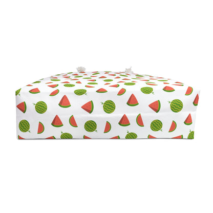Watermelon Confetti Pattern Weekender Bag – Fun Summer Travel Tote features a playful watermelon design with green and yellow hues, black dot seeds, and durable rope handles, offering a vibrant, spacious travel accessory.