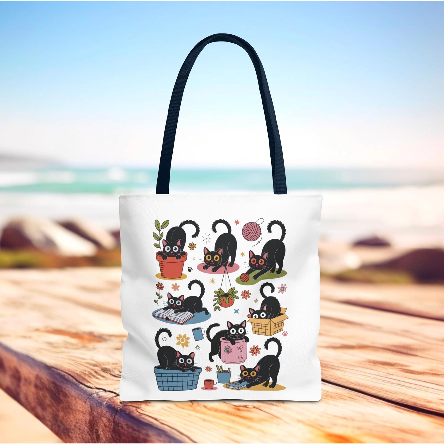 Cat Tote Bag - Curious Cat Design: A whimsical tote featuring a playful cat illustration, perfect for cat lovers and animal enthusiasts. Ideal for daily errands or gifting, reflecting FireBrook Essentials' joyful, stylish ethos.
