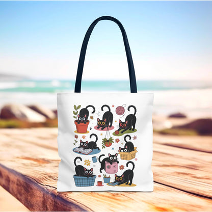 Cat Tote Bag - Curious Cat Design: A whimsical tote featuring a playful cat illustration, perfect for cat lovers and animal enthusiasts. Ideal for daily errands or gifting, reflecting FireBrook Essentials' joyful, stylish ethos.