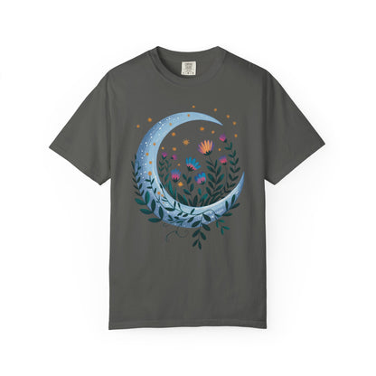 Crescent Moon with Flowers T-Shirt featuring a bohemian design, showcases a crescent moon entwined with delicate flowers, embodying a dreamy, nature-inspired vibe, perfect for casual or celebratory moments.