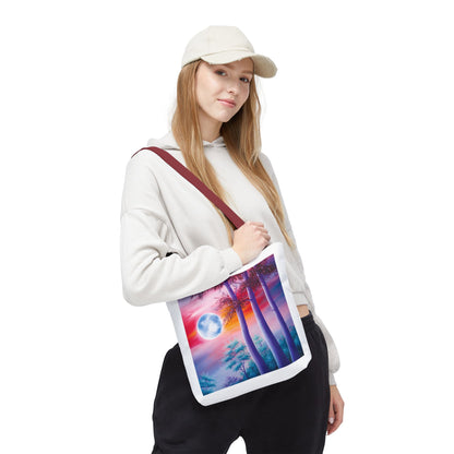 Moonlit Forest Tote Bag featuring a mystical full moon scene with towering trees against a dramatic sunset sky, embodying art and nature. Available in multiple sizes, ideal for daily use or gifting.