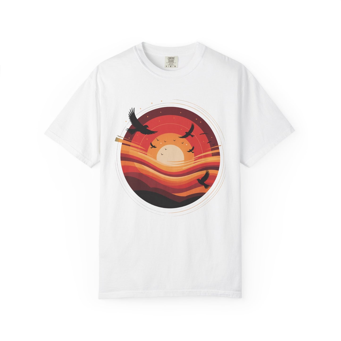 Sunset Energy Abstract T-Shirt showcasing a vivid abstract sunset with layered concentric rings and silhouetted birds, offering a dynamic, warm design ideal for casual, joyful wear from FireBrook Designs.