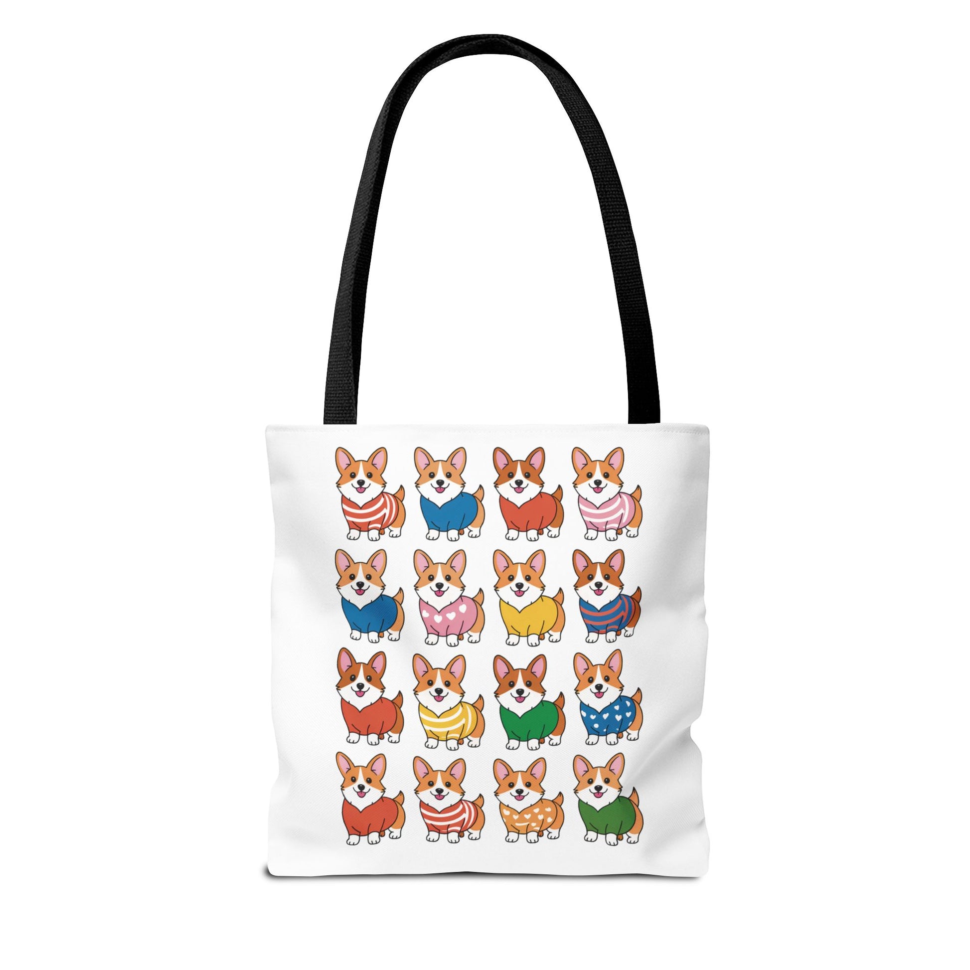 Corgi Grid Tote Bag - Cheerful Cartoon Style Dog Lover Shoulder Bag: Tote bag with adorable cartoon Corgis in unique outfits, ideal for dog lovers. Durable polyester, available in three sizes with sturdy handles.