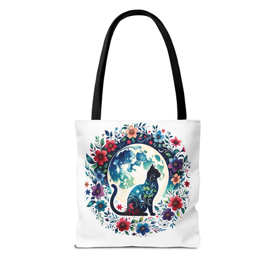 Lone Cat Under the Moon Tote Bag, featuring a whimsical cat design, ideal for errands or beach trips. Durable polyester with boxed corners and reinforced handles, available in three sizes for versatile use.