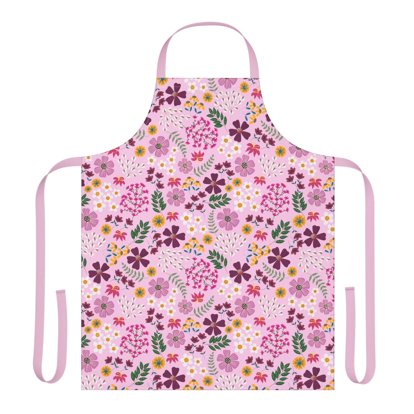 Floral Apron in soft pink with vibrant scattered flowers, featuring a full-coverage design with neck loop and long side ties for comfort. Ideal for cooking or crafting, embodying FireBrook Designs' uplifting style.