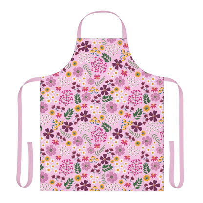 Floral Apron in soft pink with vibrant scattered flowers, featuring a full-coverage design with neck loop and long side ties for comfort. Ideal for cooking or crafting, embodying FireBrook Designs' uplifting style.