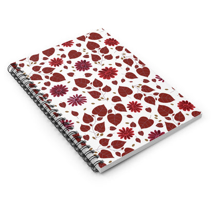 Spiral Notebook, Durable Cover, Ruled, 6x8: Features a floral motif of red and pink daisies with burgundy leaves on a white background, bound by a black metal coil for durability.