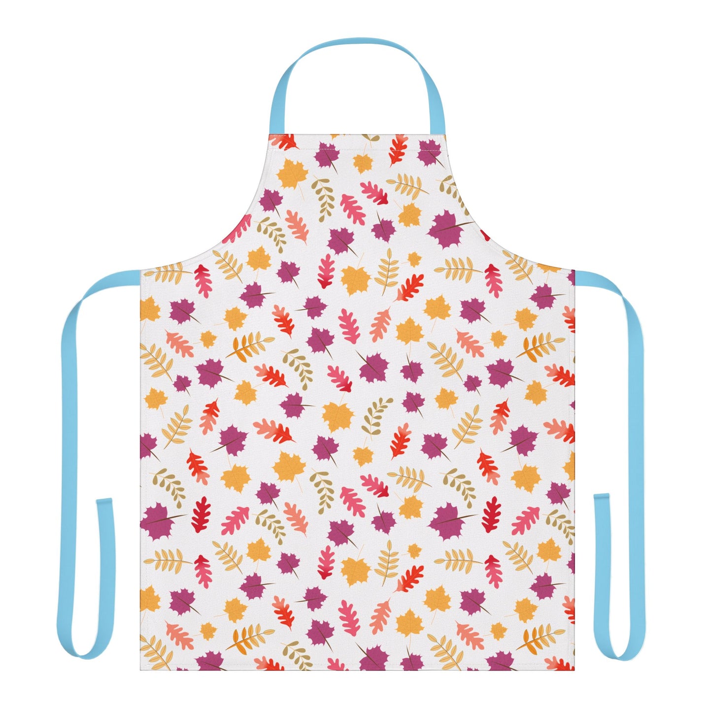 Apron Floral Design with autumn leaf pattern on a white background, featuring sky-blue ties. Made from soft, stain-resistant polyester canvas, ideal for various kitchen tasks and enhancing joyful moments.