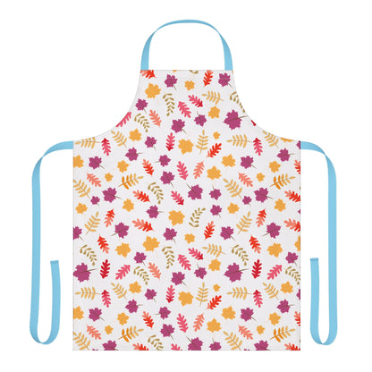 Apron Floral Design with autumn leaf pattern on a white background, featuring sky-blue ties. Made from soft, stain-resistant polyester canvas, ideal for various kitchen tasks and enhancing joyful moments.
