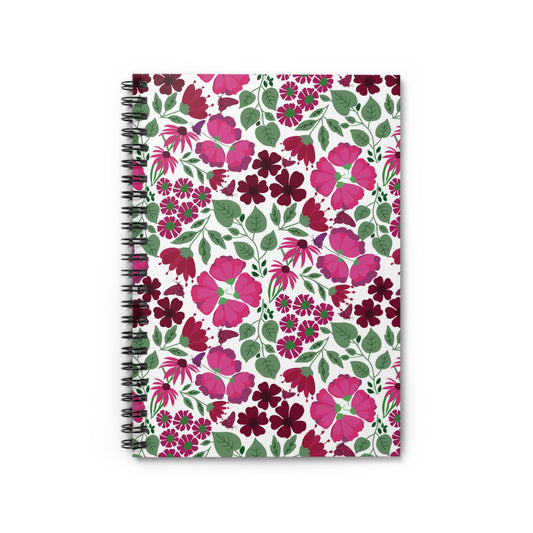 Floral Spiral Notebook featuring a repeating pink, magenta, and burgundy flower pattern with green leaves on a white cover, offering style and functionality with durable spiral binding and a compact 6 x 8 size.