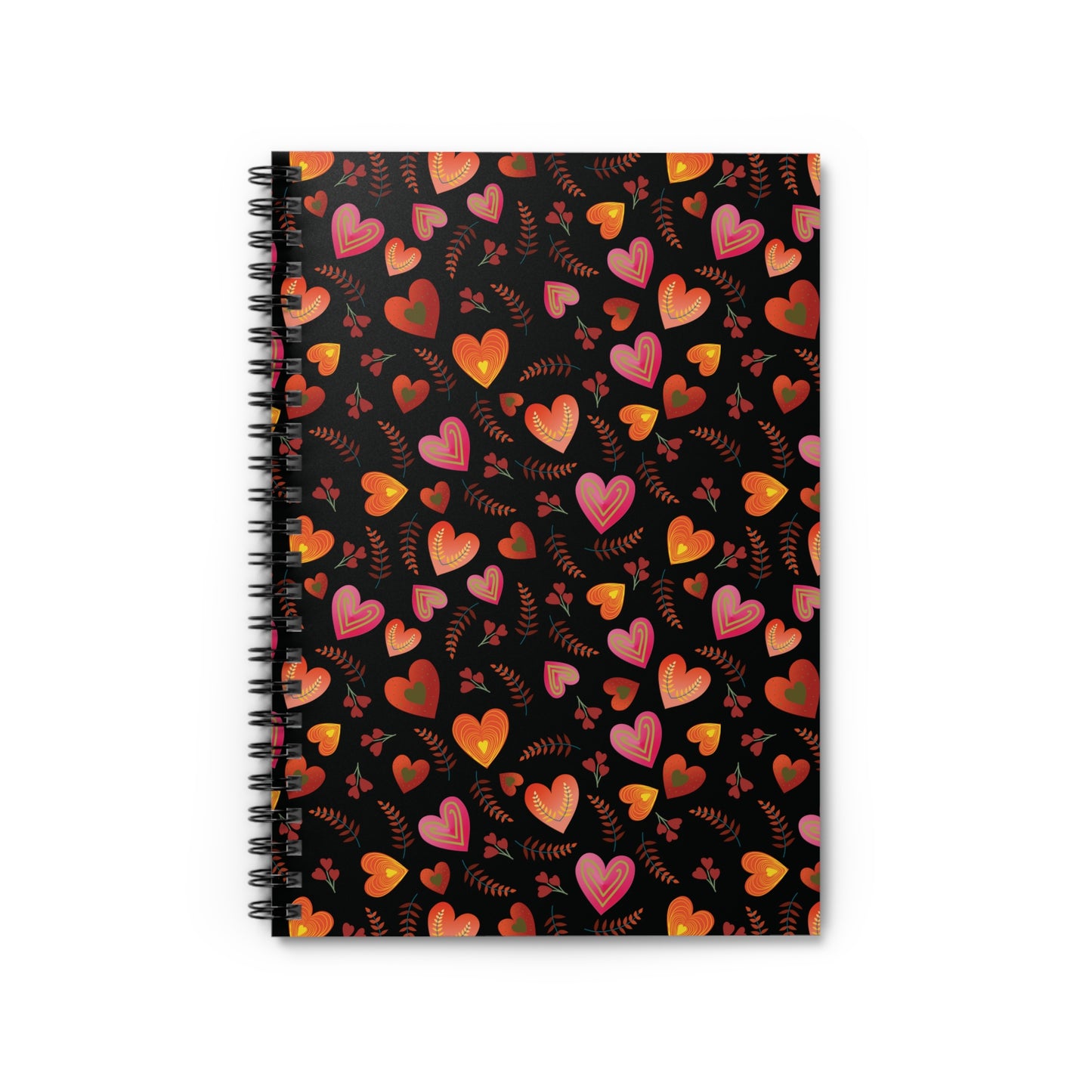 SPIRAL NOTEBOOK, DURABLE COVER, RULES, 6X8 features a stylish black cover with red, orange, and pink heart patterns, complemented by leaf and berry motifs, embodying FireBrook Essentials' vibrant, uplifting design ethos.