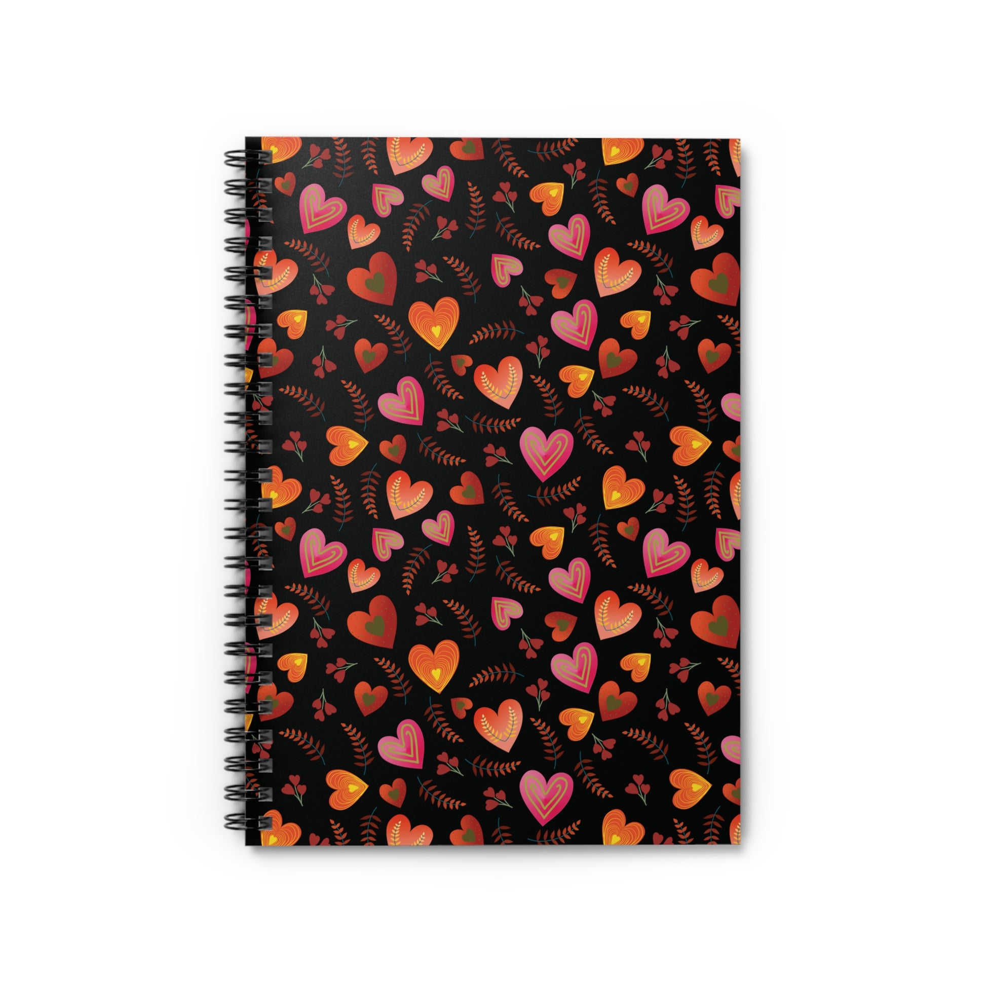 SPIRAL NOTEBOOK, DURABLE COVER, RULES, 6X8 features a stylish black cover with red, orange, and pink heart patterns, complemented by leaf and berry motifs, embodying FireBrook Essentials' vibrant, uplifting design ethos.